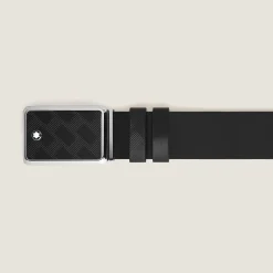 Cintura 30 mm reversibile in pelle nera/nera con fibbia con targhetta con intarsi