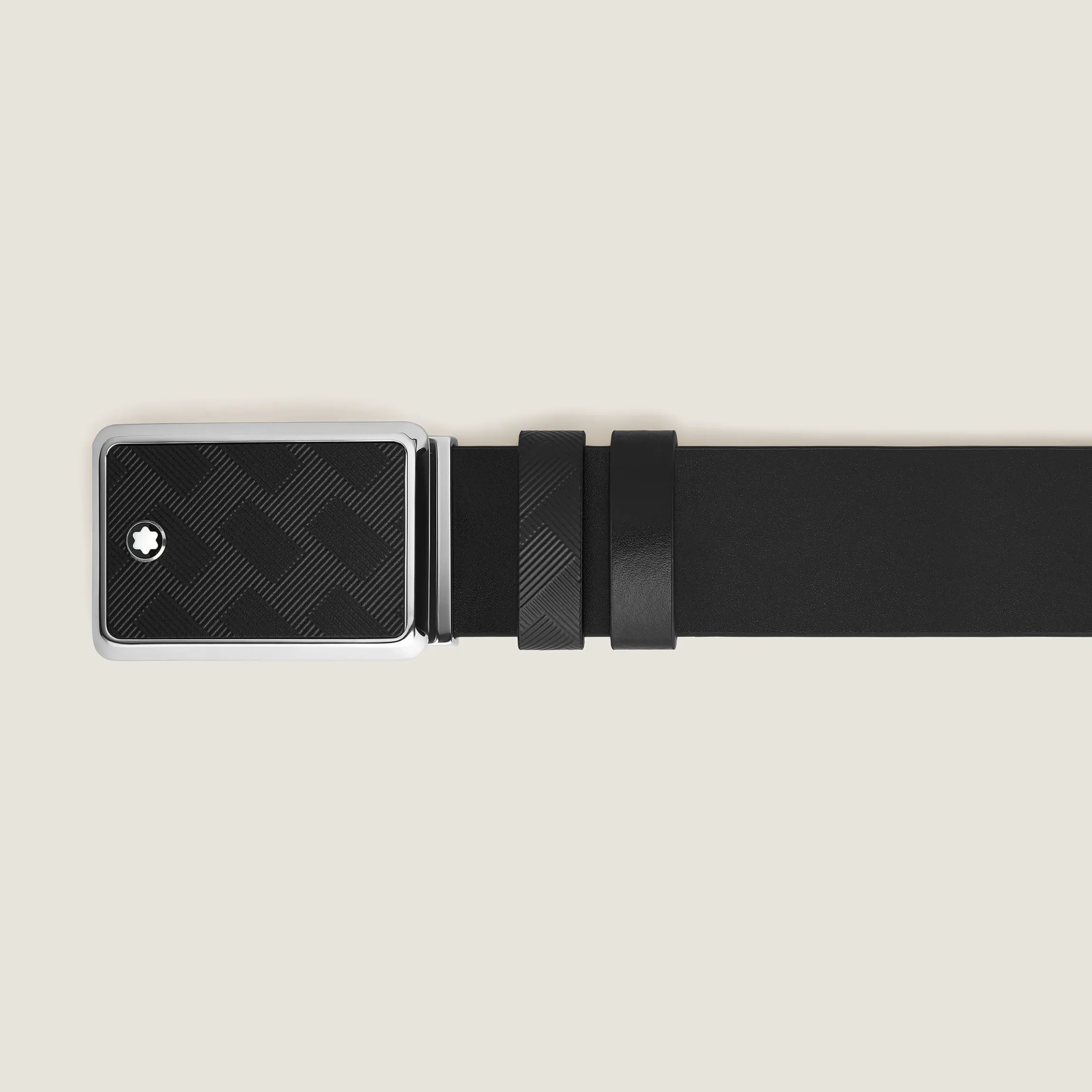 Cintura 30 mm reversibile in pelle nera/nera con fibbia con targhetta con intarsi