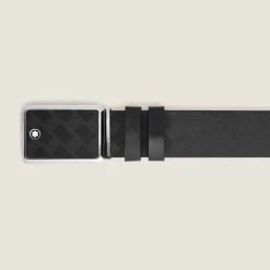 Cintura 30 mm reversibile in pelle nera/nera con fibbia con targhetta con intarsi