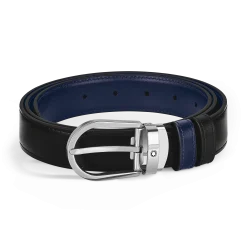 Cintura reversibile con fibbia a ferro di cavallo 30 mm in pelle nera/blu inchiostro