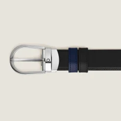 Cintura reversibile con fibbia a ferro di cavallo 30 mm in pelle nera/blu inchiostro