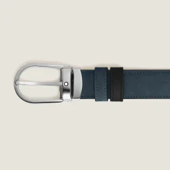 Cintura reversibile 30 mm in pelle blu velluto/nera con fibbia a ferro di cavallo