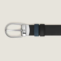 Cintura reversibile 30 mm in pelle blu velluto/nera con fibbia a ferro di cavallo